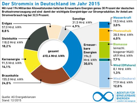 Energiebilanz 2015: Ökostrom bei 30 Prozent