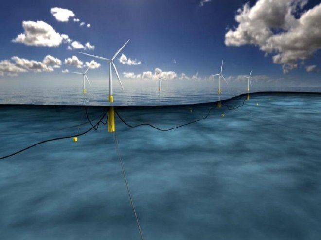 Der Hywind-Park vor der schottischen Nordseeküste kann 22.000 Haushalte versorgen. Die fünf Windkraftanlagen schwimmen im Meer auf beschwerten Bojen. Foto: Statoil